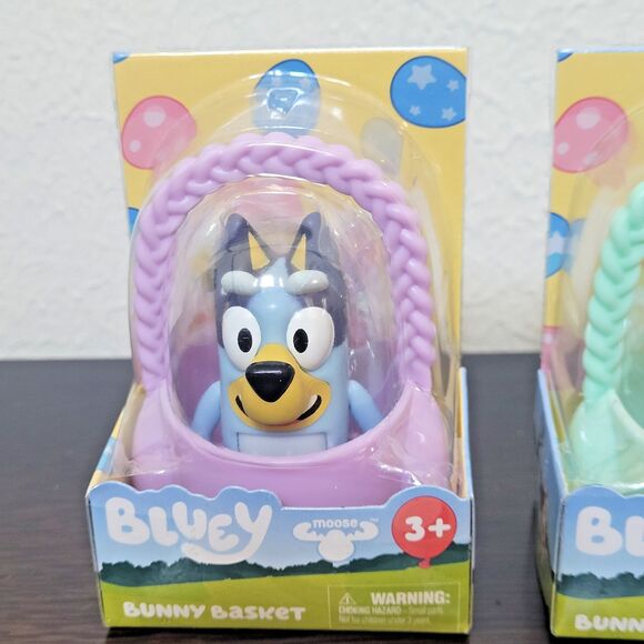 NEW Bluey & Bingo Bunny Basket  3” Figure Set of 2 w Sticker Sheet Green Purple - Picture 9 of 11